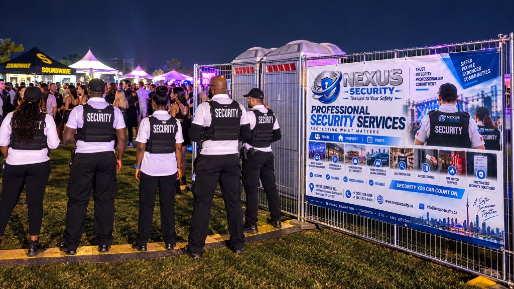 Nexus Security team beside company services banner