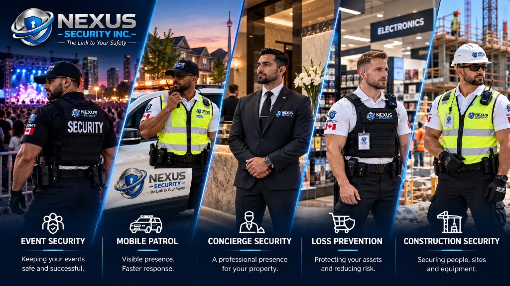 Nexus Security services: event security, mobile patrol, concierge security, loss prevention, and construction security